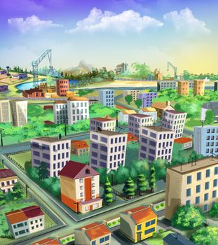 New buildings in the city on a sunny day. Digital Painting Background, Illustration.