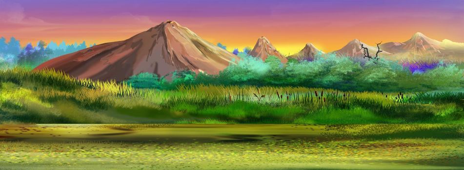 Foothill landscape at dawn. Digital Painting Background, Illustration.