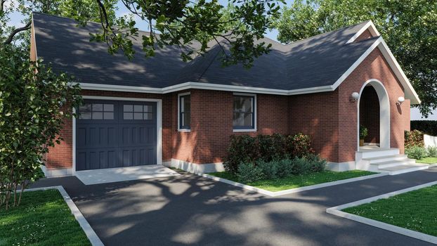 Beautiful red brick house. 3D visualization of a house with a landscape. American house with garage.