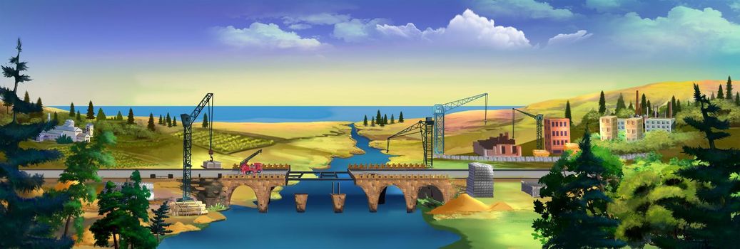 Construction of an arched bridge across the river. Digital Painting Background, Illustration.