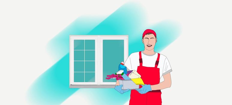 Plastic windows install and repair service. Installer worker in uniform with tools holding a new glass frame. Master installing and fixing windows in apartment.