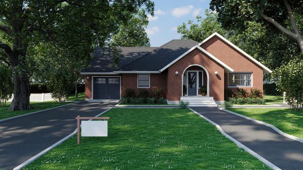 Beautiful red brick house. 3D visualization of a house with a landscape. American house with garage.