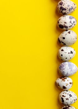 Top view - Quail eggs on bright yellow background. Minimal Happy Easter composition.