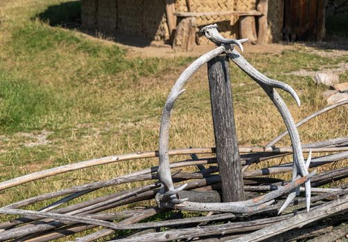 Modra, Museum of Great Moravia. Antlers hung from a wooden fence of bars