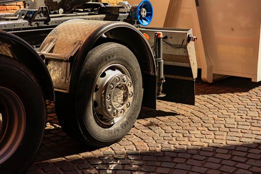 Rovigo, Italy 29 july 2022: Wheel of a truck in the street