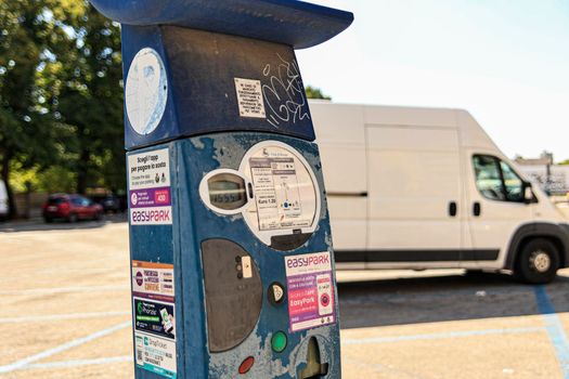Rovigo, Italy 29 july 2022: Parking meter for paid parking