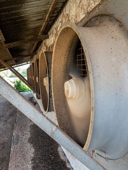 A row of exhaust fans from the livestock house