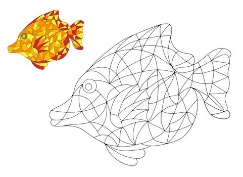 Black and White and Colored Illustration in stained glass style with abstract Fish. Image for Coloring Book, Coloring Page, Print, Batik and Window.