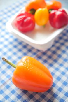 Yellow orange and red capsicum on white background .