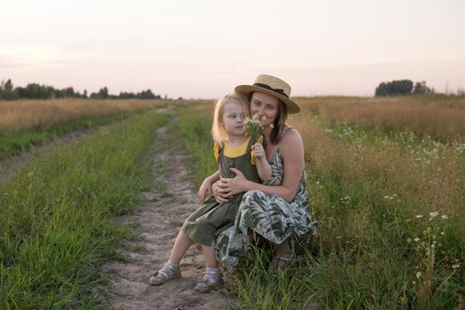 Mom and daughter walk through a chamomile field, and collect a bouquet of flowers. The concept of family relations, nature walks, freedom and a healthy lifestyle.