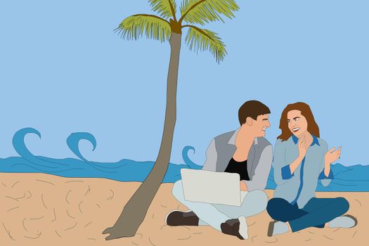 couple and palm trees on background.