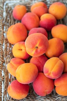 A large pile of ripe bright orange apricots lies close-up on a wicker plate