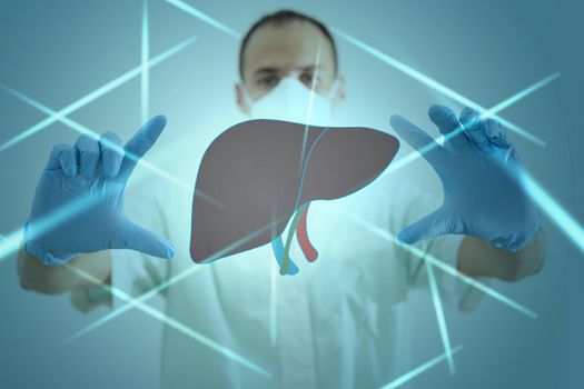 The doctor looks at the Liver hologram, checks the test result on the virtual interface, and analyzes the data. Liver disease, donation, innovative technologies, medicine of the future.