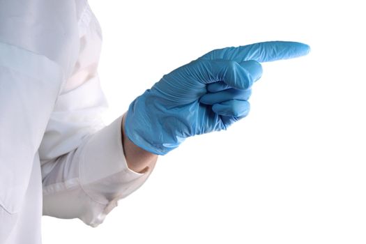 The doctor's hand in a blue medical glove points the direction with his finger..