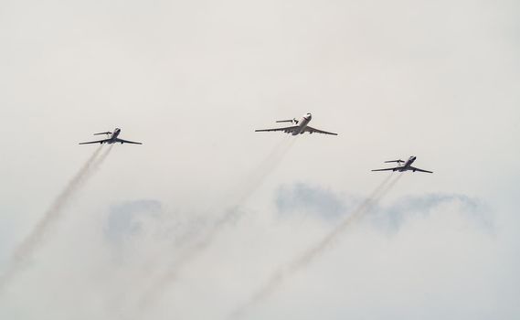 Russia, St. Petersburg, 28 July 2022: Military aircraft and helicopters of the air force fly on the city at the celebration of the Day of the Navy, amphibious and transport aircraft, anti-submarine. High quality photo