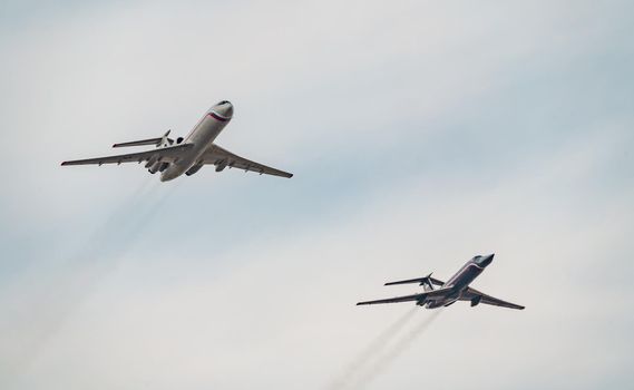 Russia, St. Petersburg, 28 July 2022: Military aircraft and helicopters of the air force fly on the city at the celebration of the Day of the Navy, amphibious and transport aircraft, anti-submarine. High quality photo