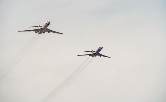 Russia, St. Petersburg, 28 July 2022: Military aircraft and helicopters of the air force fly on the city at the celebration of the Day of the Navy, amphibious and transport aircraft, anti-submarine. High quality photo
