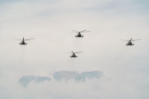Russia, St. Petersburg, 28 July 2022: Military aircraft and helicopters of the air force fly on the city at the celebration of the Day of the Navy, amphibious and transport aircraft, anti-submarine. High quality photo