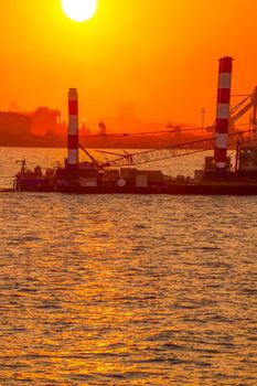 Silhouette of dusk and large ship. Shooting Location: Kawasaki City, Kanagawa Prefecture
