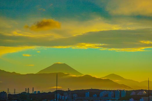 Silhouette of Mt. Fuji wrapped in sunset. Shooting Location: Tokyo metropolitan area
