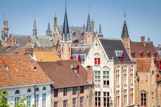 Bruges flemish architecture building facades at sunny day, Belgium