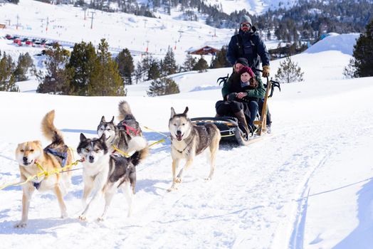 Grau Roig Andorra :  March 2 2018 : 
Sledges pulled by dogs in the Grandvalira Station, Grau Roig Andorra.