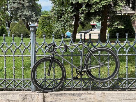 Bicycle attached to a metal fence in the park. High quality photo