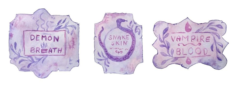 Watercolor hand drawn illustration of purple witch apothecary labels for potions occult brew, esoteric spell bottle. Spooky horror halloween clipart, magic herbs art