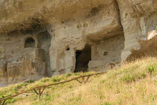 Ancient city road bakhchisaray cave chufut crimea medieval street stone, for history blue for architecture from settlement tree, autumn bakhchisarai. View ruins crimean,