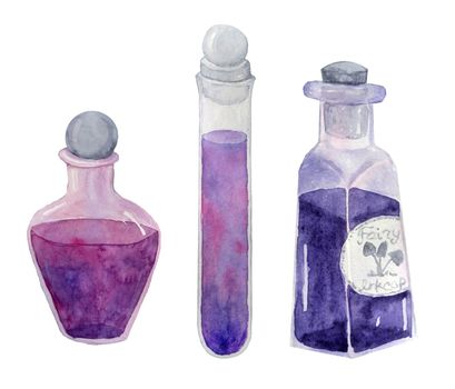 Watercolor hand drawn illustration of purple witch apothecary galsses bottle for potions occult brew, esoteric spell. Spooky horror halloween clipart, magic herbs art