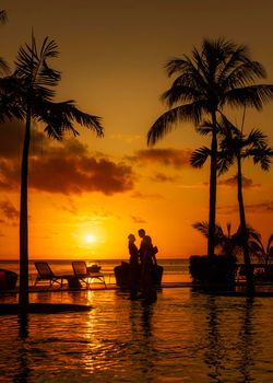 a couple of men and women watching the sunset on a tropical beach in Mauritius with palm trees by the swimming pool, Tropical sunset on the beach in Mauritius.