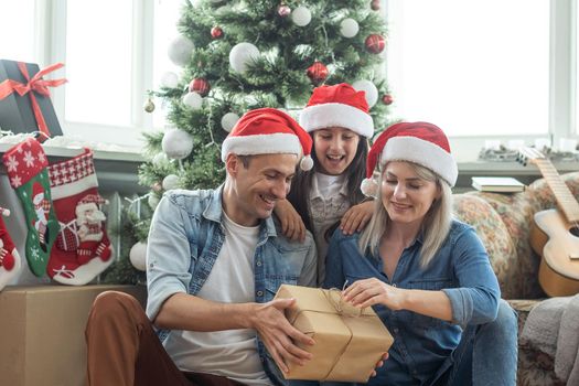 family having fun and playing together near Christmas tree indoors