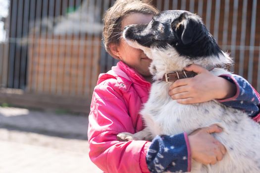 Little latin girl with her big dog in the countryside.