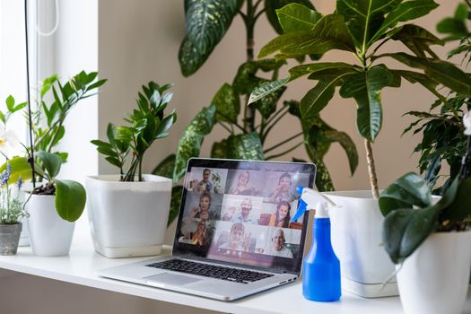 white desk and video chat online via a laptop. Video call, blogging. Workplace.