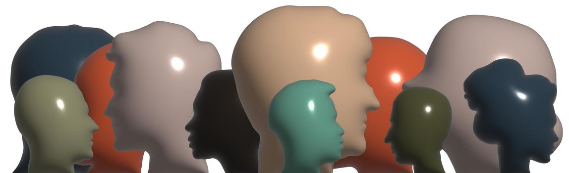 Volumetric faces multicolored silhouettes of men and women 3d illustration