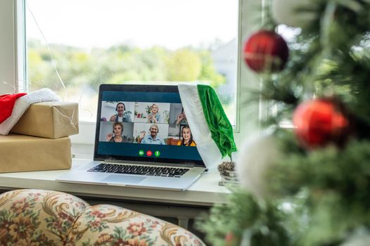 Laptop, christmas. Video call with the family in times of coronavirus