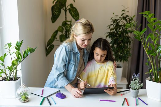 Charming little girl and her beautiful young mom are using a digital tablet and smiling at home.