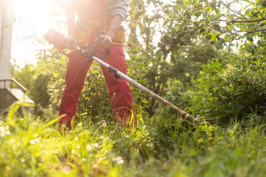 Mowing grass with electric lawn mower. Garden work concept. Man mows the grass with hand mower in the garden.