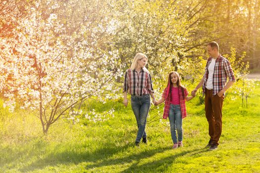 Outdoor portrait of happy young family playing in spring park under blooming tree, lovely couple with little child having fun in sunny garden.