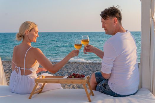 Girl sea guy wine romantic together restaurant rest two beach, from sunny drink for alcohol and relax landscape, tropical party. Wineglass concept luxury,