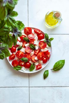 caprese salade served in a plate under a basil plant, home garden concept, top view