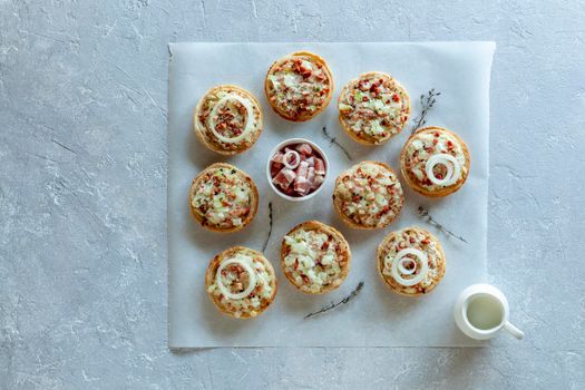 mini portions of flammekueche, or tarte flambee, french and german speciality, top view