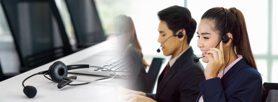 Business people wearing headset working in office in widen view to support remote customer or colleague. Call center, telemarketing, customer support agent provide service on telephone video call.