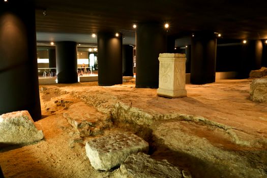 Cartagena, Murcia, Spain- July 25, 2019: Underground museum called Augusteum with remains of temple in honor of Octavian Augustus