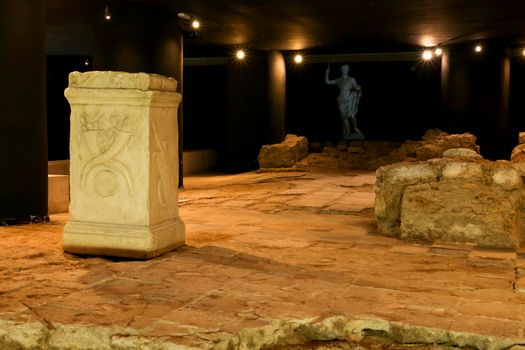 Cartagena, Murcia, Spain- July 25, 2019: Underground museum called Augusteum with remains of temple in honor of Octavian Augustus