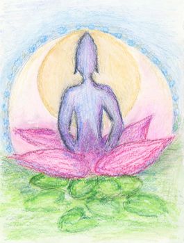 Water color of a blue buddha silhouette sitting on a pink lotus flower