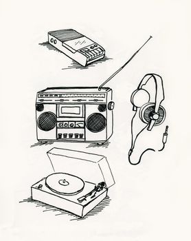 Audio equipment from the eighties: cassette recorder, radio, headphones and record player