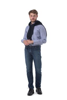 Full length portrait of young business man in casual clothes standing isolated on white background