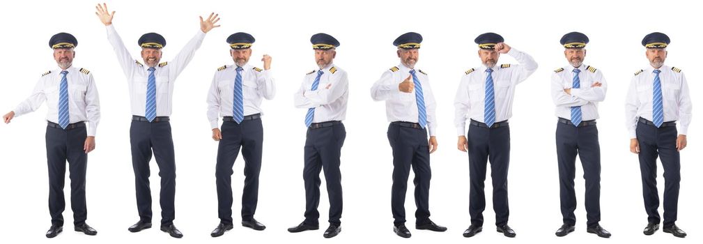 Set of full length portraits of airline pilot wearing the four bar Captains epaulettes, firlst pilot, aircraft commander, isolated on white background