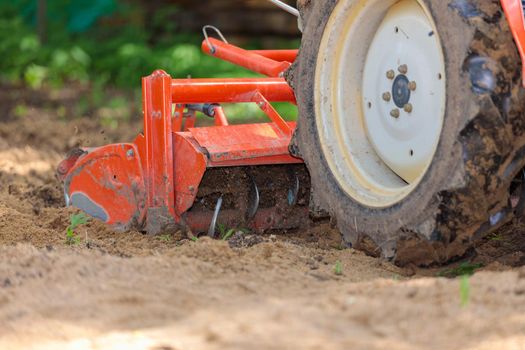 Cultivator for a mini-tractor for loosening the soil. Agricultural work. Excavation. Close-up.